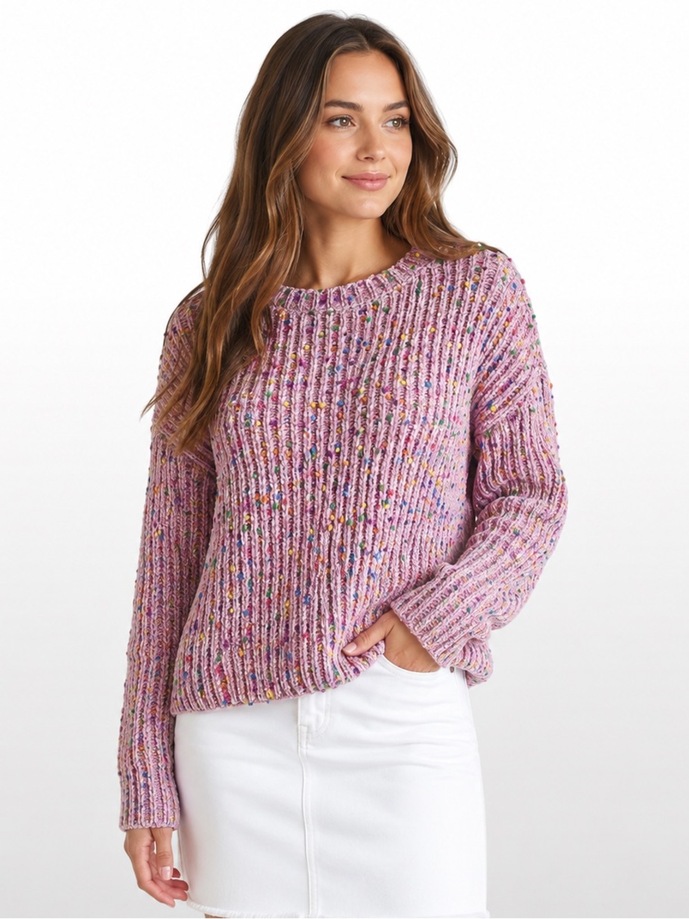 Generation K Pink Confetti Chenille Crew Neck Sweater XL Soft Cozy